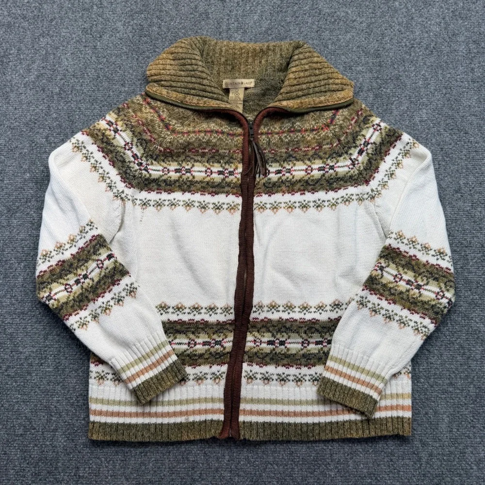 Mountain Lake Womens Fair Isle Full Zip Cardigan Sweater Green Ramie Cotton M